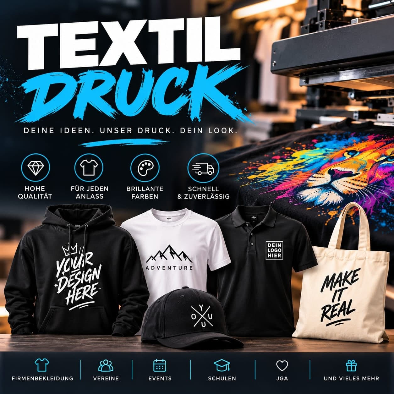 Übersichtsgrafik Textildruck: bedruckter Hoodie, T-Shirt, Poloshirt, Kappe und Stofftasche vor einer Textildruckpresse. Genannt sind Firmenbekleidung, Vereine, Events, Schulen und Junggesellenabschiede